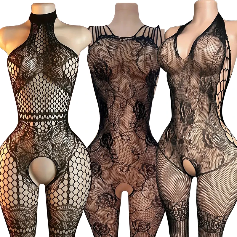 New Crotchless See-through Rose Print BodyStocking Teddy Women's Open Pantyhose Hot Sexy Bodysuit Tights Porn Body Lingerie