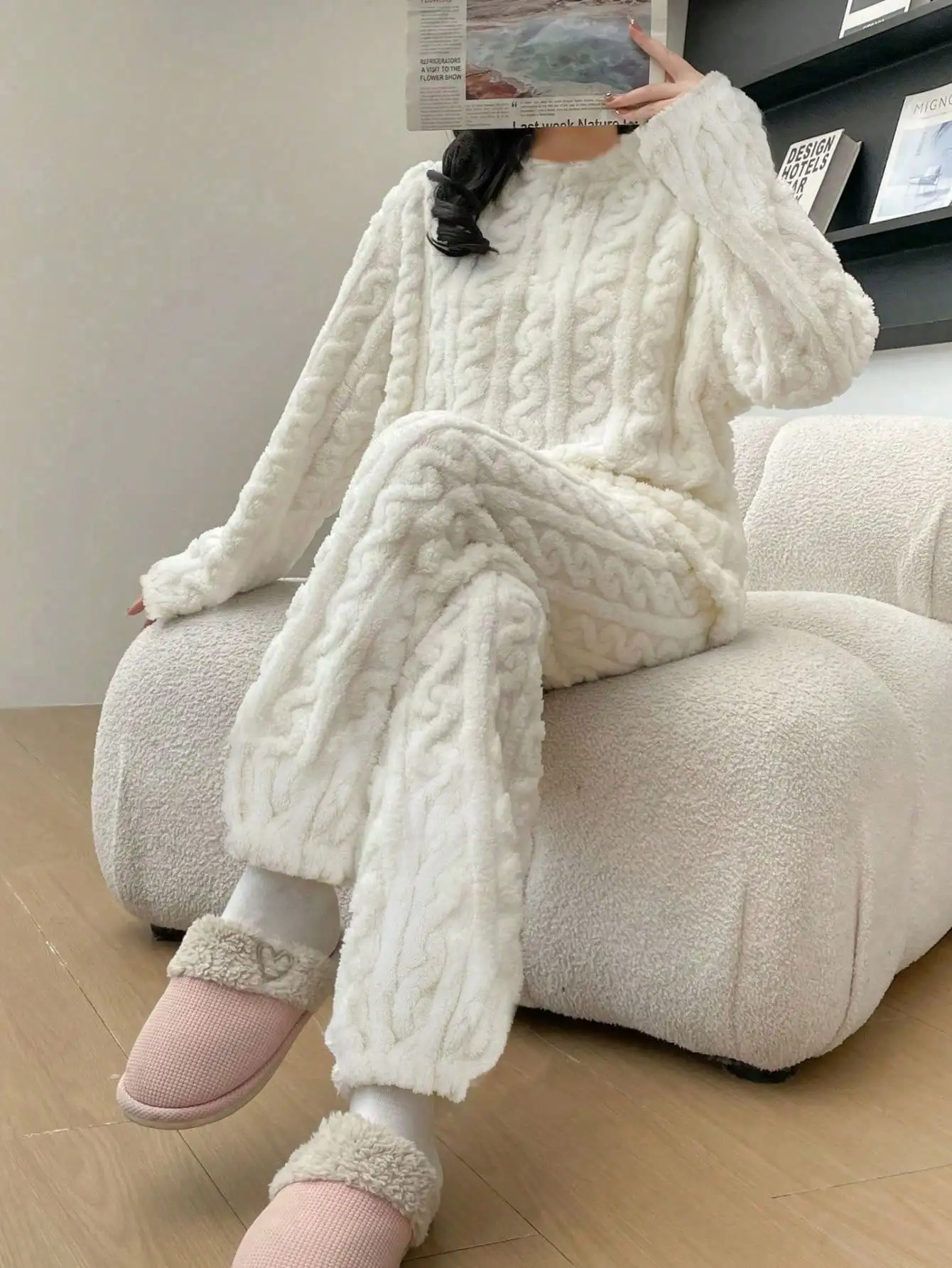 

Women's Cream Cable Knit Fleece Pajama Set with High Neck and Full Length Pants
