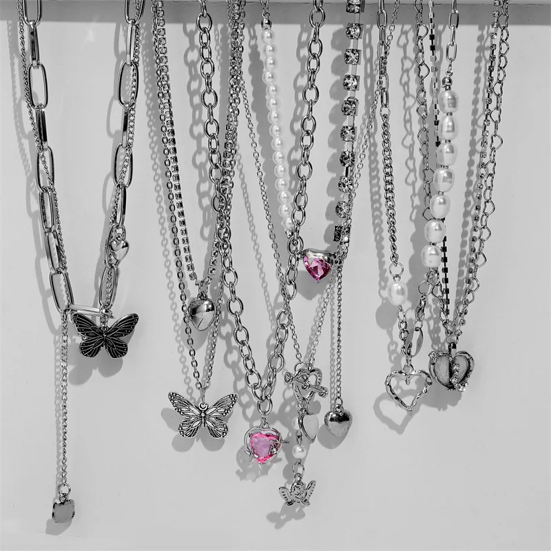 Silver Y2K Necklace Fashion Butterfly Pearl Pink Crystal Heart Drop Pendant Necklace Asymmetrical Accessories Sweet Chain Trendy