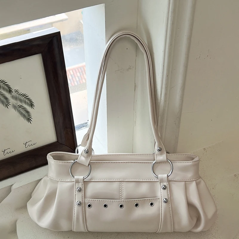 Metallnietenverzierte Unterarm-Schultertasche, Damen Einfarbige Preppy Pendler-Handtasche mit Nieten-Dekor, Koreanische Y2k Mädchen Weiche Casual Tragetasche – Detail 15