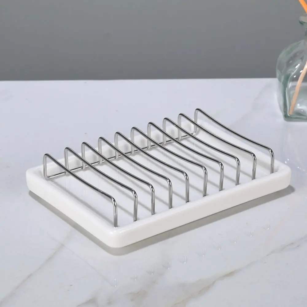 

Multi-function Ceramic Soap Dish Stainless Steel Ceramic Storage Dish Non-standing Water Durable Drain Soap Box Shower Room