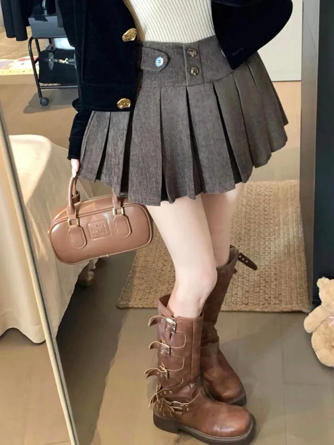 

Юбка-плиссе больших размеров для девочек и женщин, с пуговицами, осенне-зимняя, с высокой талией, утягивающая, милая, средней длины