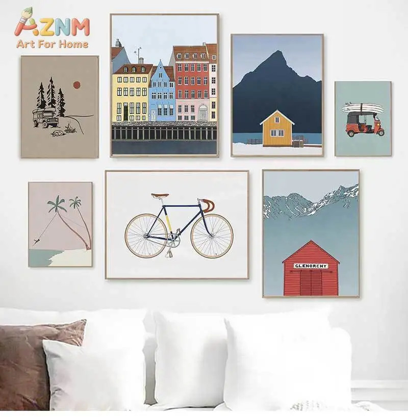 AZNM Nordic Cityscape Bicycle Beach Mountain Travel Canvas Wall Art Print Decor