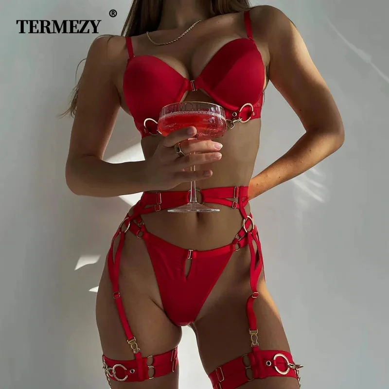 

TERMEZY Women Sexy Lingerie Solid Color French Push Up Bra Set Luxury Chain Strap Exotic Brief Sets Erotic Garter Belt 3-Piece