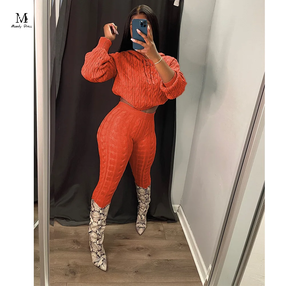 Fall Winter Women Knit Sweater Matching Sets Skinny Hoodies and Pants Clothing Casual Loungewear 2 Two Piece Outfits