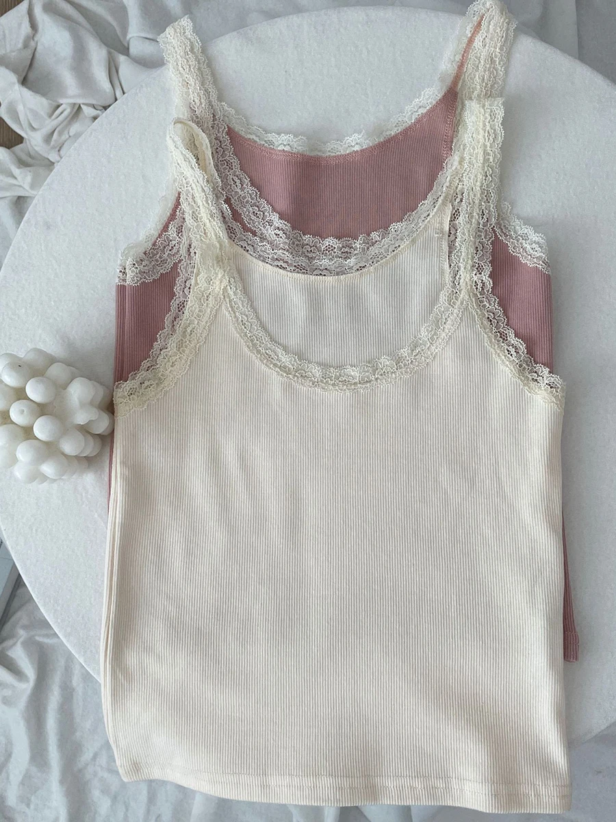Pink Lace Trim Slim Tank Tops For Women Summer Sweet Chic Cotton Cropped Vest Preppy Style Simple Sleeveless Crop Top Camis New
