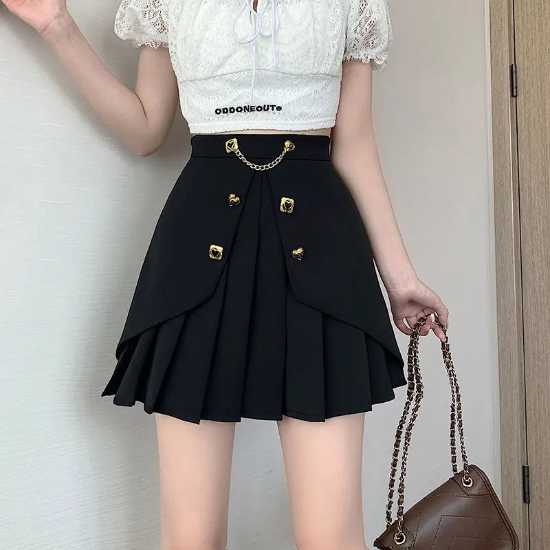 Spring Summer Solid Chain Slim Pleated Skirt Woman 2023 New Fashion Party Streetwear A-line Black White High Waist Mini Skirts