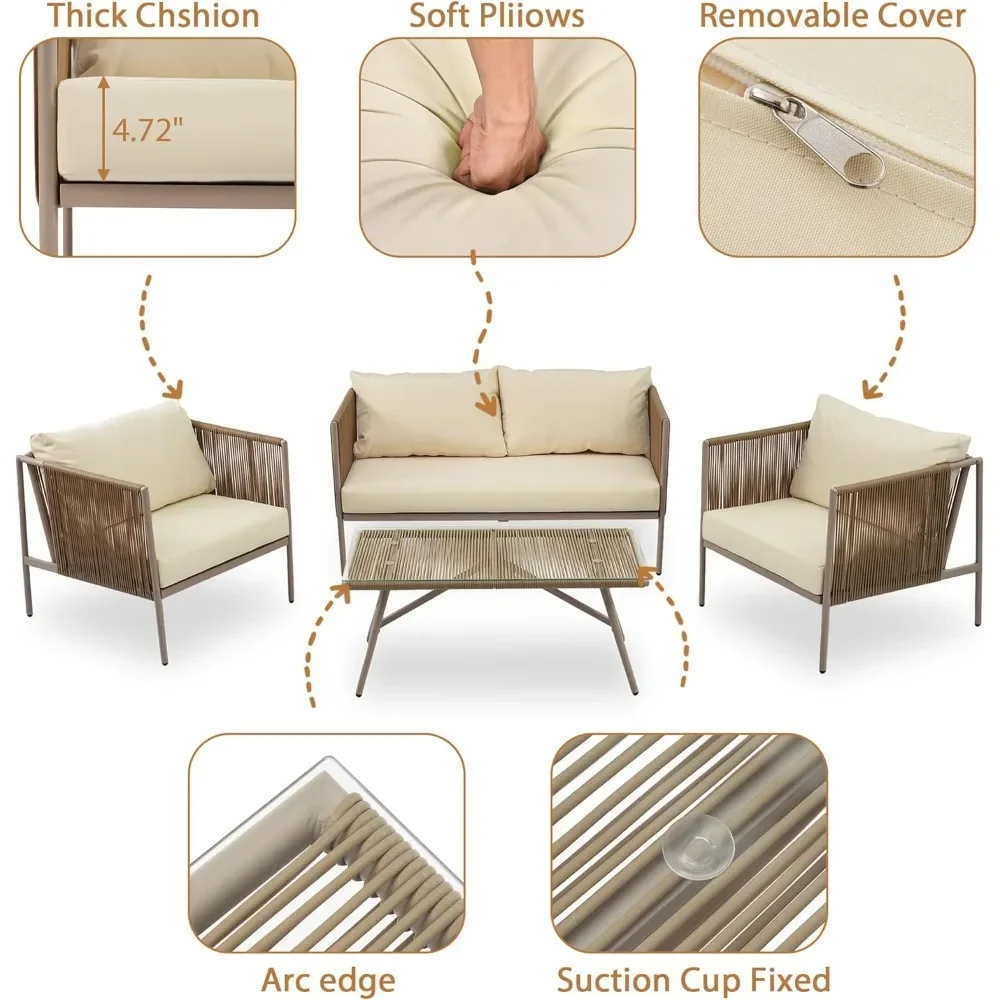 4 Persons Rattan Loveseat, 4 Piece Patio Conversation Set, Outdoor Rope Sofa Set with Thick Cushions and Toughened Glass Table