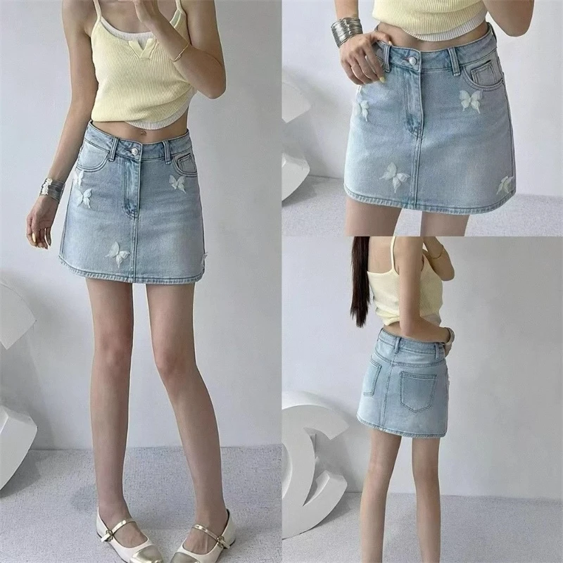 

Women Denim Skirt High Waist A-Line Rhinestone Embellished 3D Butterfly Summer Casual Versatile Styling Trendy Fashion