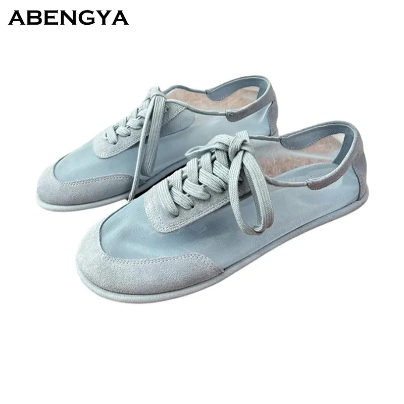 Autumn New Mesh Flat Shoes Women Round Toe Lace Up Mules Casual Shoes Designer Party Vacation Shoes Women Driving Walking Shoes
