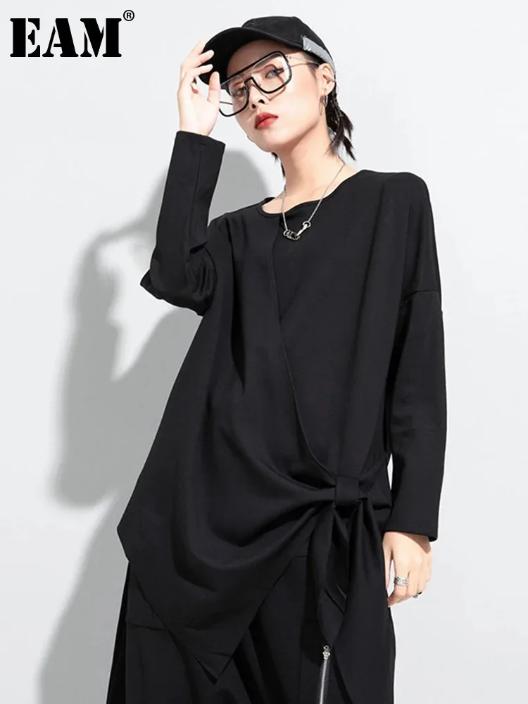 

[EAM] Women Black Bandage Bow Irregular Big Size T-shirt New Round Neck Long Sleeve Fashion Tide Spring Autumn 2024 1DC671