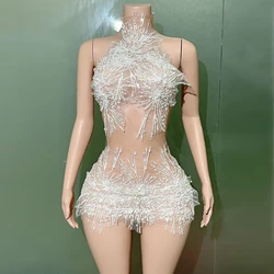 Sexy See-Through White Lace Sexy Backless Halter Sheath Dress Evening Party Performance Costume Nightclub Singer Dancer Stage