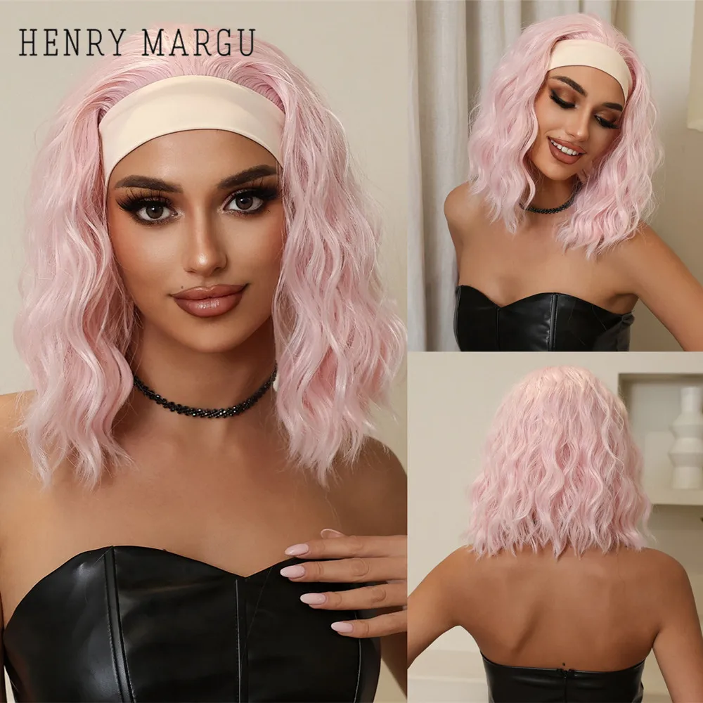 HENRY MARGU Light Pink Wave Synthetic Headband Wig Short Pink Curly Wig with Headband Heat Resistant Hair Pink Party Cosplay Wig