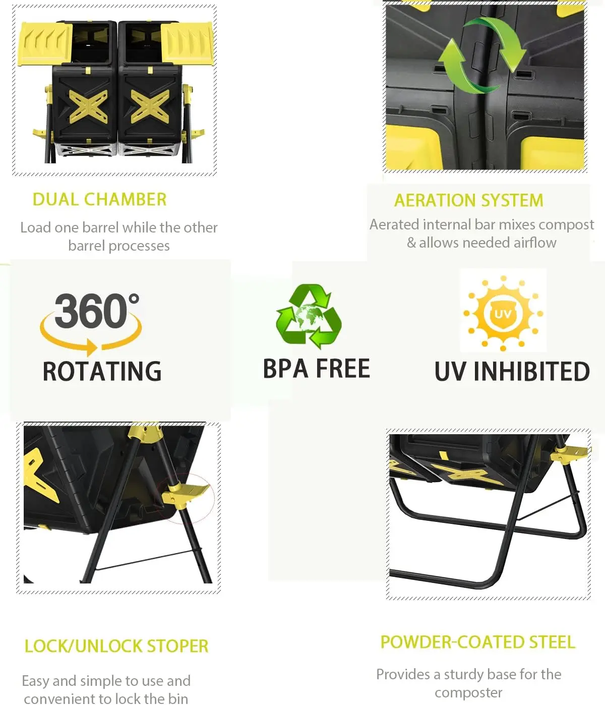 بهلوان سماد مزدوج الغرفة - 2 × 18.5 جالون، مكون دوار خارجي، خالٍ من مادة BPA مع نظام عمل سريع سهل الانعطاف #3