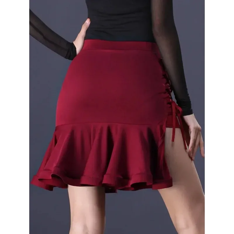 High Waist Latin Dance Practice Split Skirts Women Waltz Costume Classical Solid Color Competition Line Jazz Drawstring Skirt