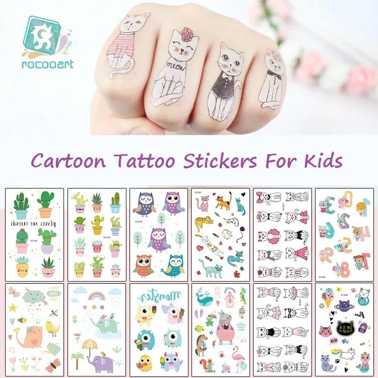 Rocooart Cartoon Tattoo Stickers For Kids Cactus Fake Tatoo Children Tatouage Letters Numbers Tatuajes Cute Monster Taty Body