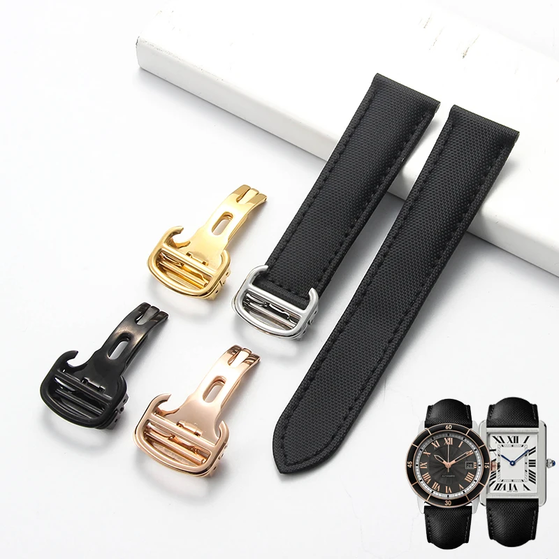 For Tank Collection Luxury Woven Nylon Strap 18 20mm Solid Steel Deployment Clasp for Cartier Slim Profile Watch Band Upgrade