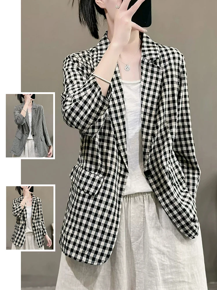 

Ретро-пиджак в клетку из хлопка и льна, женский, больших размеров, модный повседневный, с отложным воротником, на одной пуговице, осенний топ