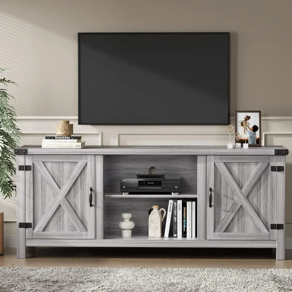 TV Stand com 2 portas de celeiro, armários de armazenamento, Entertainment Center Console, Modern Farmhouse, até 65 + Polegada