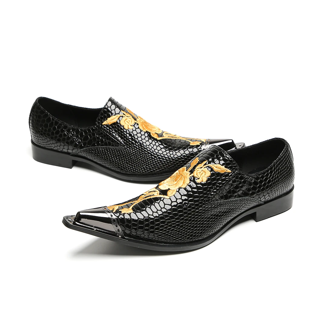 Schwarze Herren-Kleiderschuhe aus Leder mit goldener Blumenstickerei | Schlange – Hautstruktur und spitzes Zehen-Design – Detail 7
