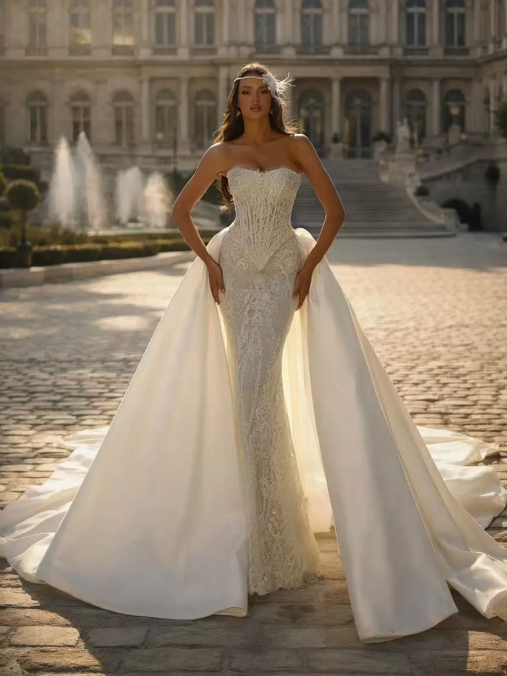 Luxury Bridal Gown Strapless Beaded Lace Corset Mermaid Wedding Dress With Removable Satin Overskirt Chapel Train Custom Dress