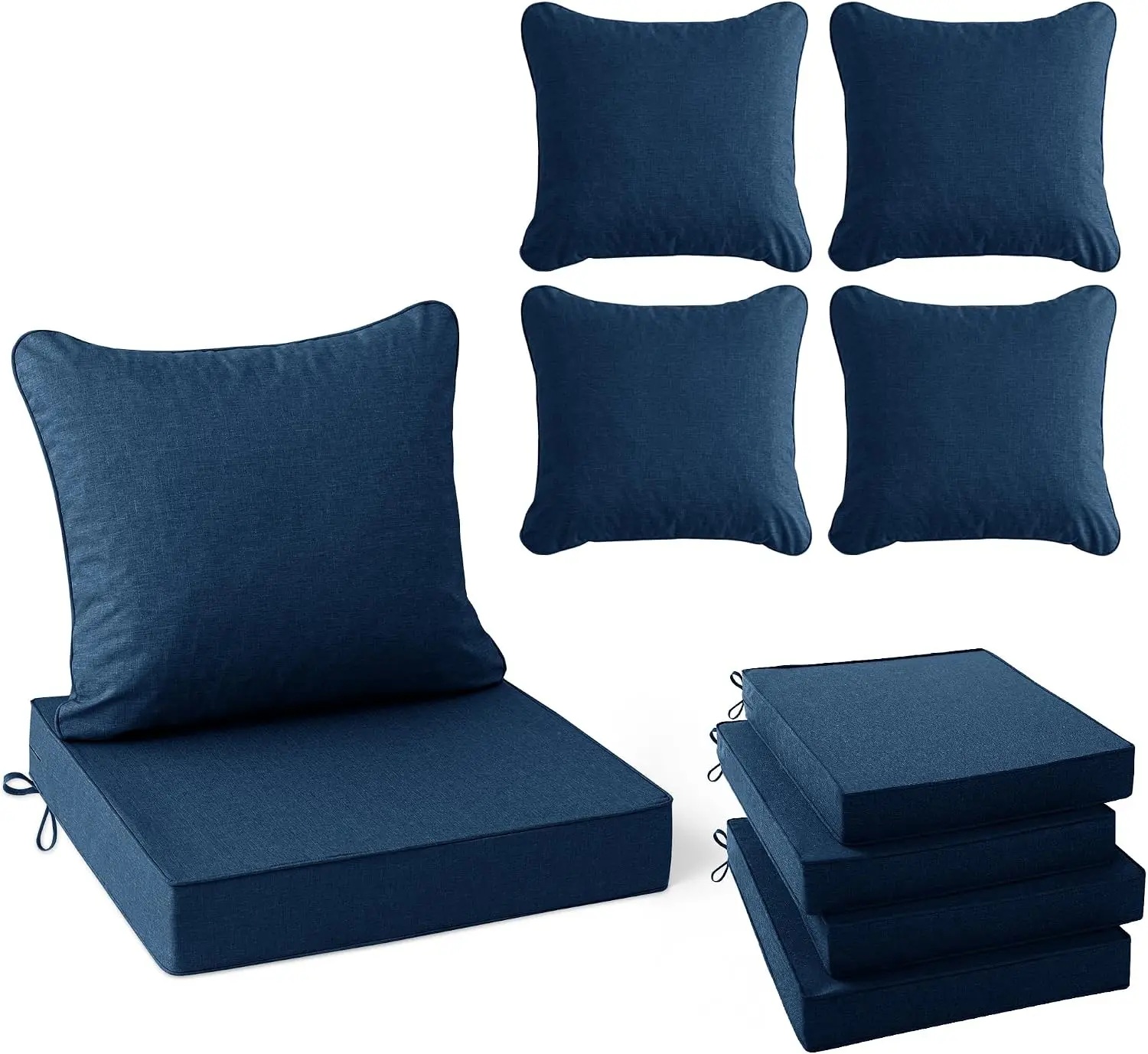 Faux Linen Outdoor Chair Backrest Deep Seat Cushion Set Patio Furniture Weather Resistant Removable Cover Ties Non Slip Bottom N
