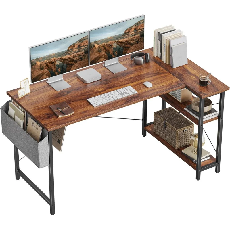 

L Shaped Desk, 55 Computer Table with Reversible Storage Shelves Home Office Corner Study Writing Gaming, Brown