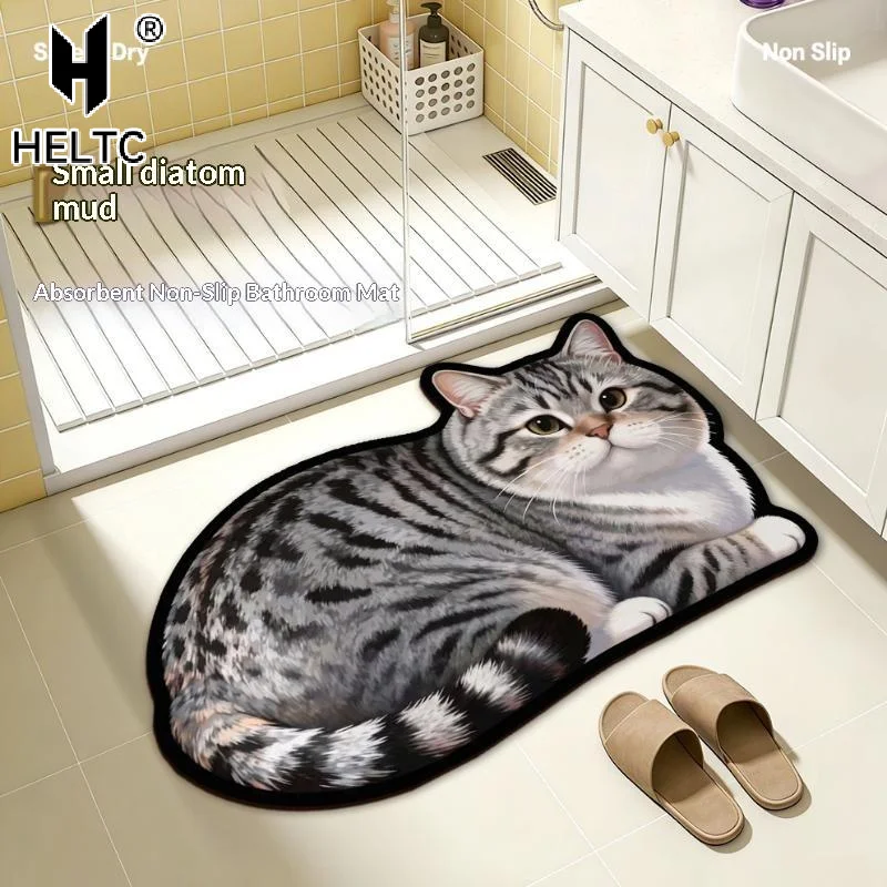 Diatomite Bath Mat With Cute Cat Print Non Slip Super Absorbent For Bathroom Shower Entry Home Decor