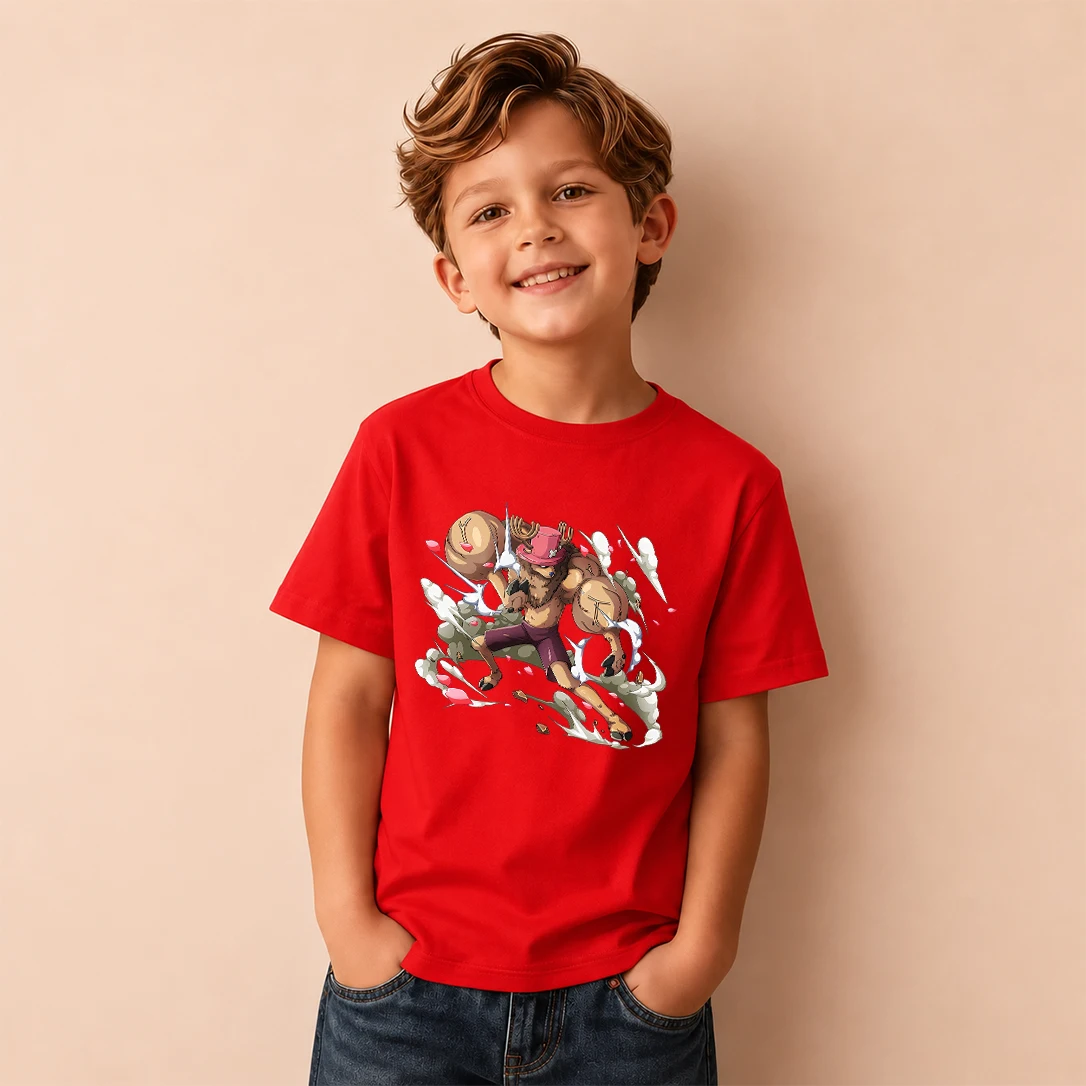 Kids T‑Shirt One Piece Tony Tony Chopper Heavy Punch Battle Print Short Sleeve Casual Tops Boys Girls Anime Children Daily Wear