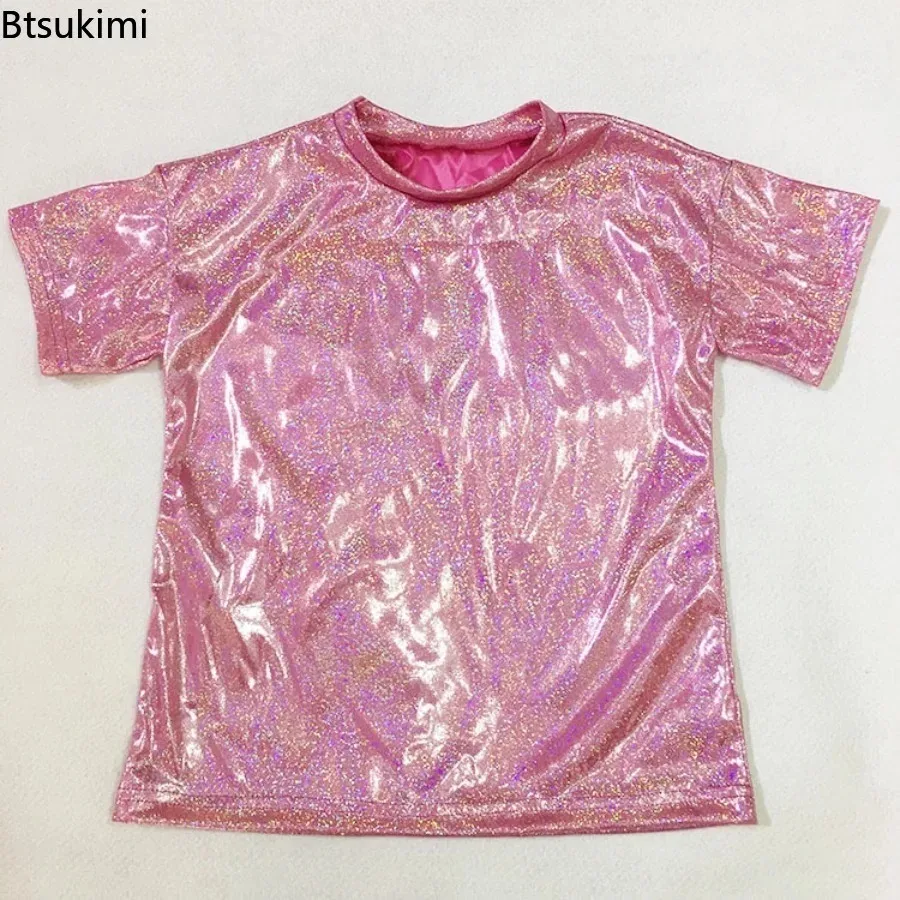 Kids Metallic Shiny T-Shirt Boys Girls Jazz Hip Hop Modern Dance Tops Short Sleeves Loose Tee for Festival Party Disco Costume view 3