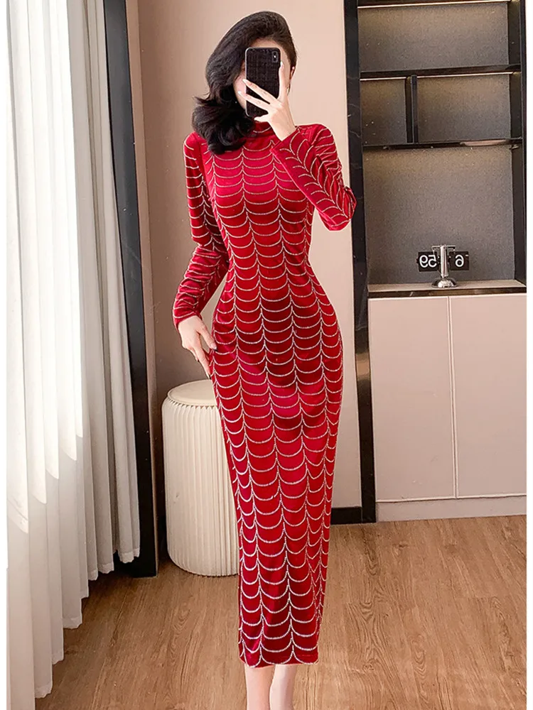 New Hot Stamping Diamonds Shiny Formal Occasions Sheath Dresses Women Stand Collar Slim Long Sleeved Velvet Long Party Robes