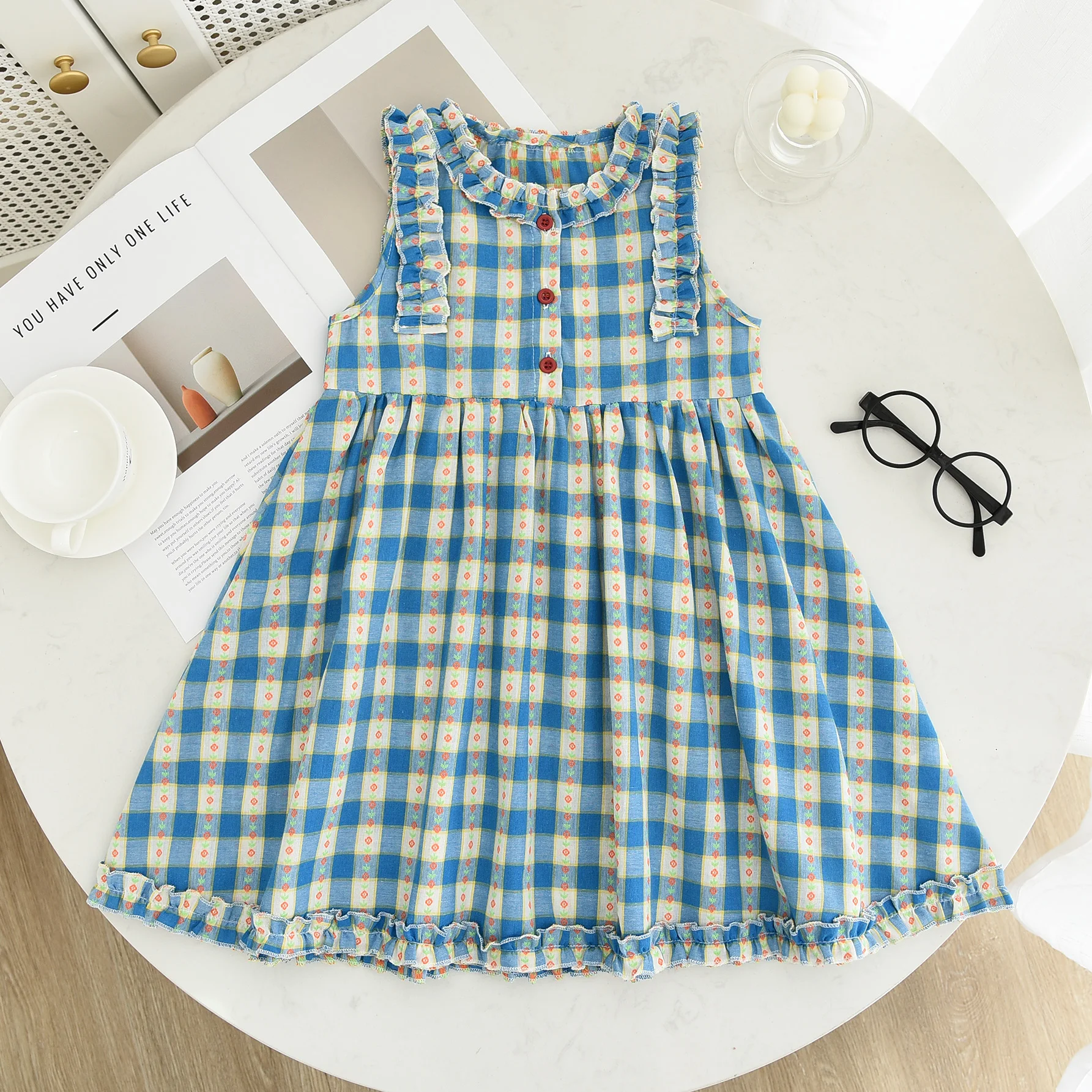 Girls Casual Dresses Floral Plaid Sleeveless Flower Girl Dresses Kids Clothes for 2 To 7 Years Princess Dress for Girls