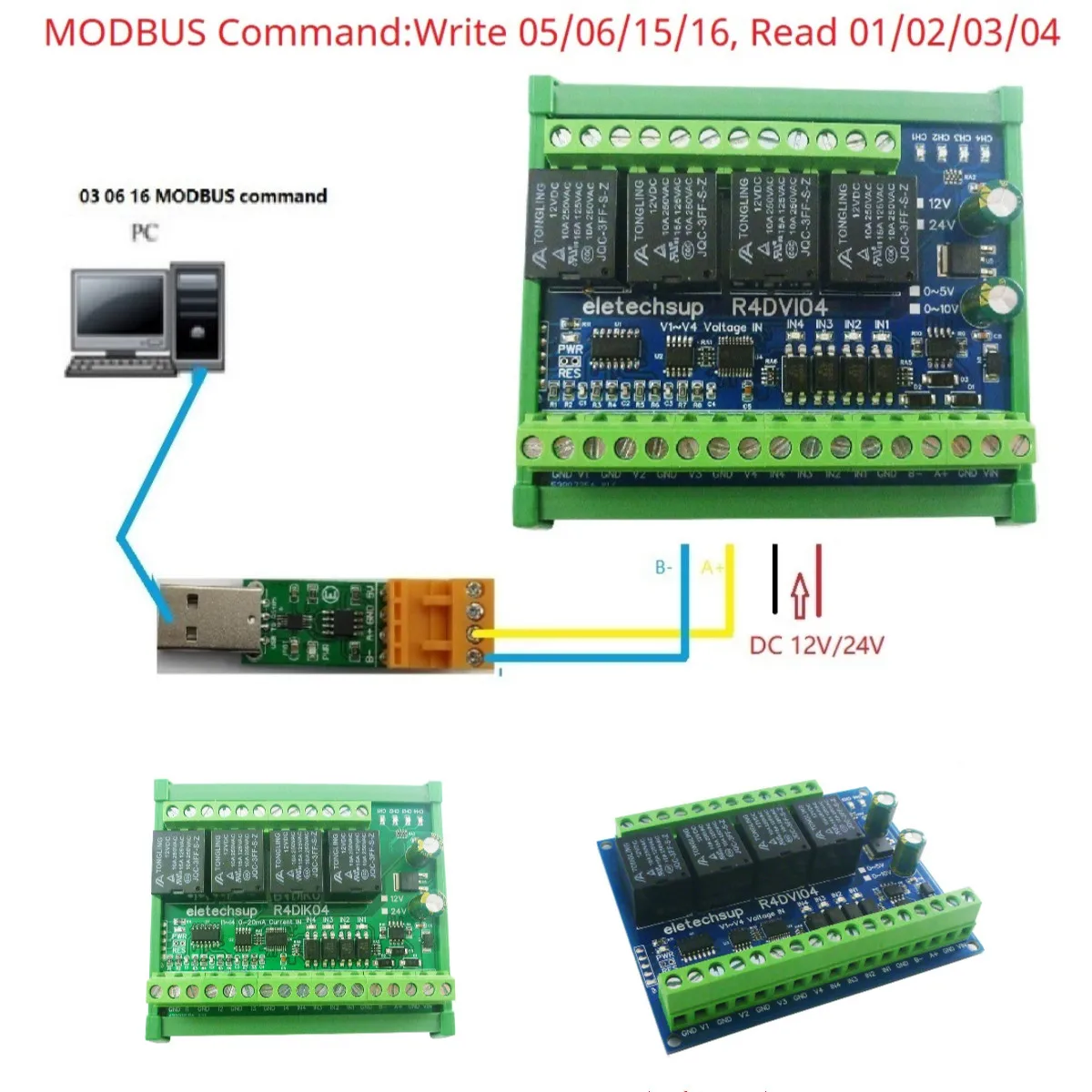 4Ch 4AI-4DI-4DO 4-20MA 0-5V 0-10V Analog Digital Mixed IO Module Modbus RTU RS485 Relay Board Current Voltage ADC DC 12V/24V