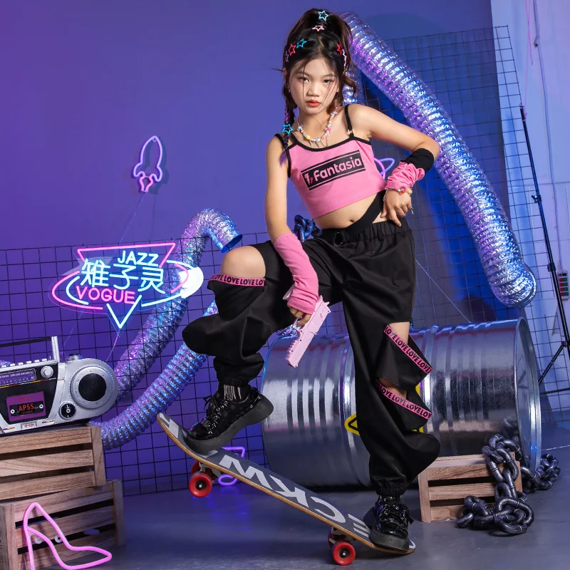 

Street Dance Costume For Girls Summer Vest Hollow Out Cargo Pants Jazz Dancewear Kpop Clothing Hip Hop Dance Outfit DL10699