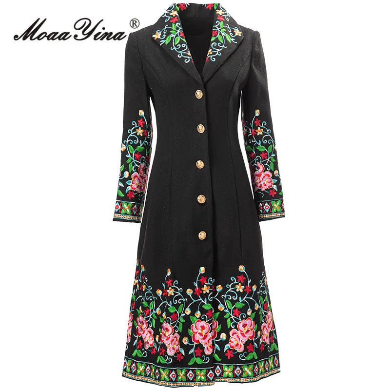 MoaaYina Winter Fashion Designer Black Vintage Blends Coat Women Lapel Pockets Single Breasted Embroidery Slim Long Blends Coat