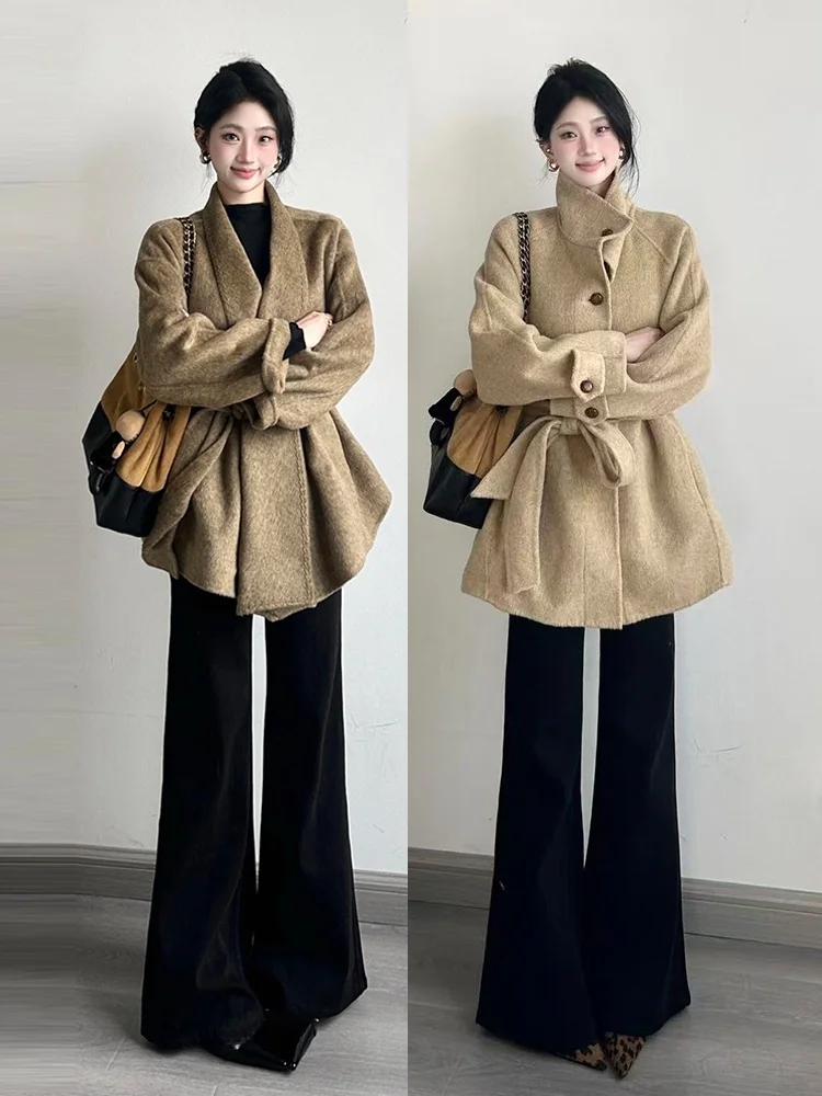 Bla Fce 裏地付きベルボットジーンズ レディース ハイウエスト ルーズフィット カジュアル 快適 ストレッチデニムパンツ 秋冬新作