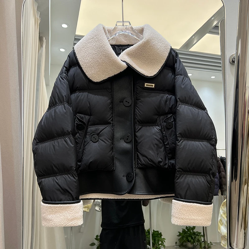 Winter Kurze Große Revers Lamm Wolle Unten Jacke Frauen Weiße Ente Unten Lose Parker Outwears Weibliche Einreiher Stepp Jacken