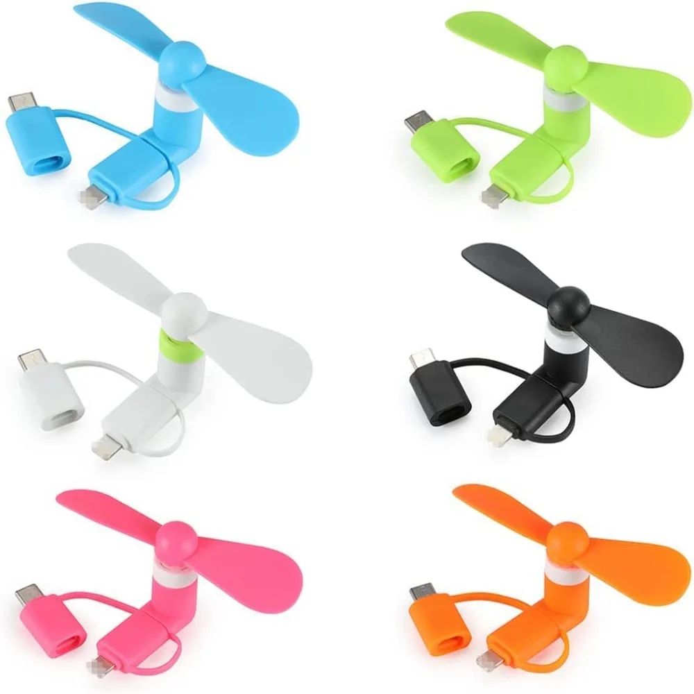 3 in 1 USB Powered Phone Fan for iPhone iPad Android Smartphone Tablet Micro USB Type C Lightning Connector Cooling
