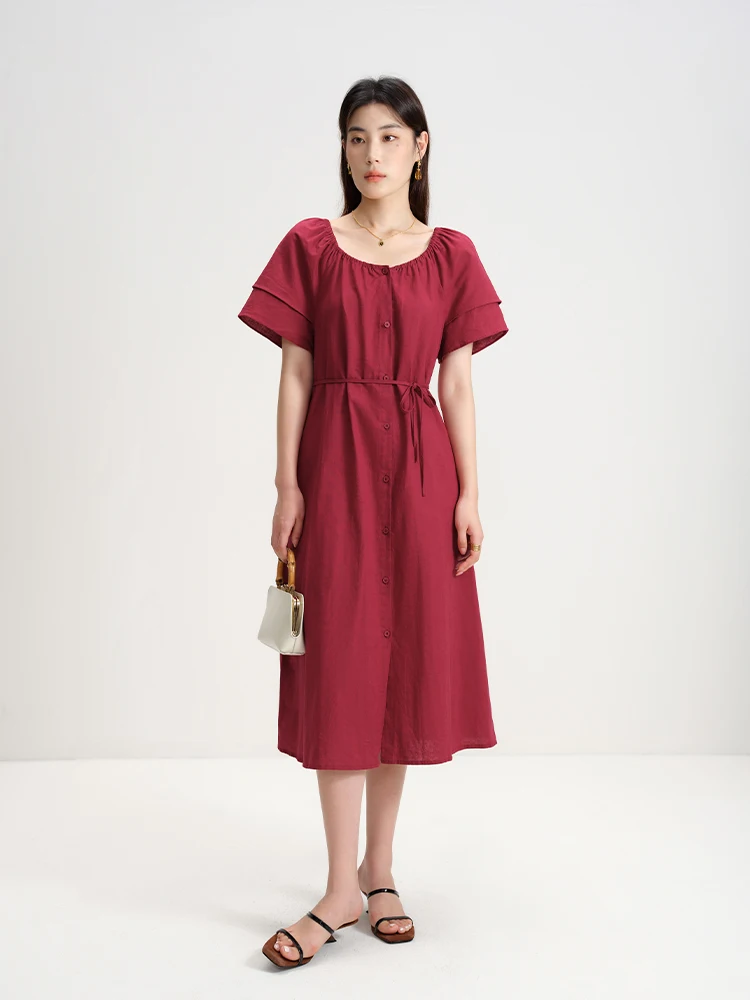 DUSHU Women Retro Cotton Linen Dress Summer Long Dresses Simple Big Round Neck Raglan Sleeve Red Single Breasted Dress 24DS82848