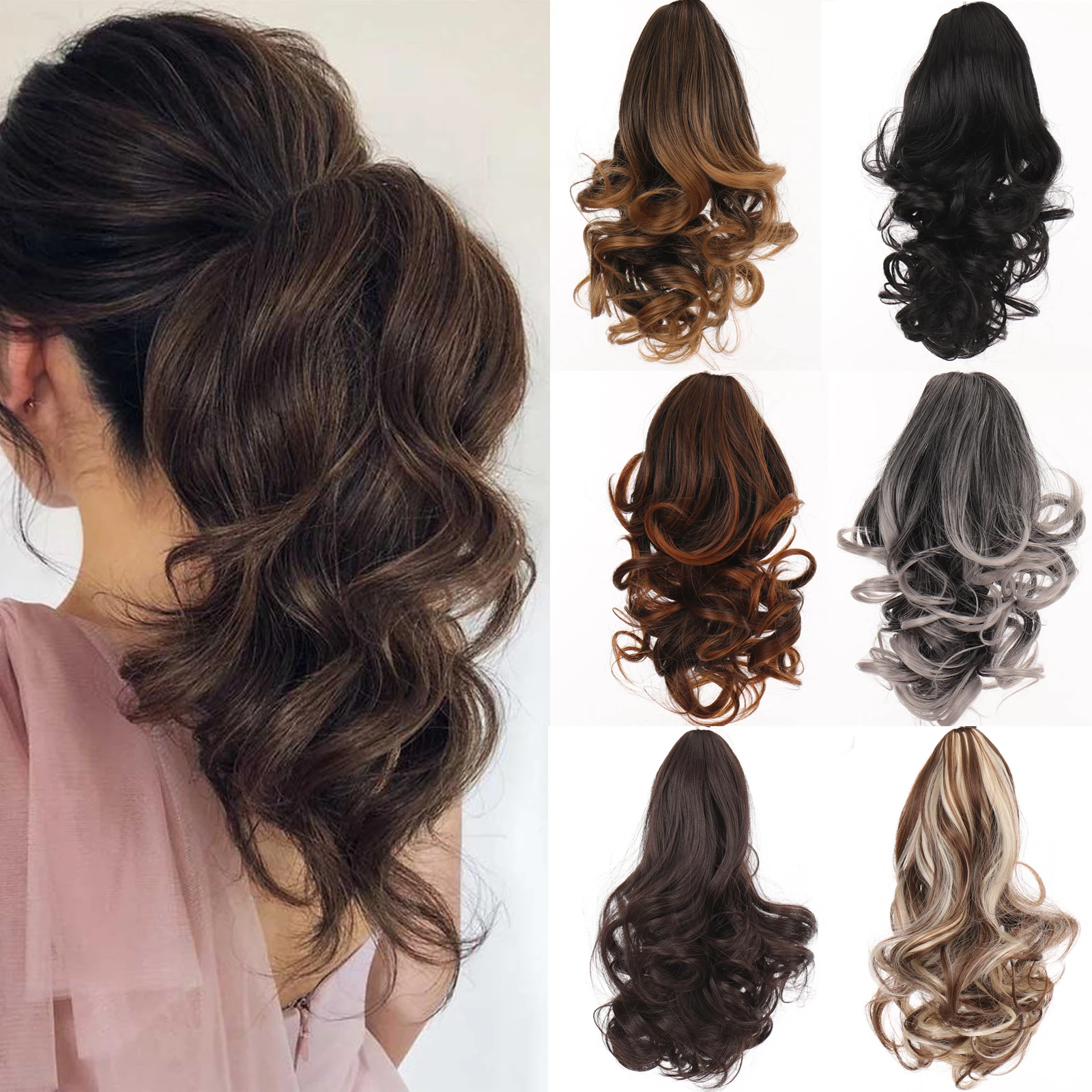 LANLAN Synthetic Short Wavy Big Grab Clip Ponytail Hair Extension Women Black Brown Ponytail Clip In Hair Tail Wig