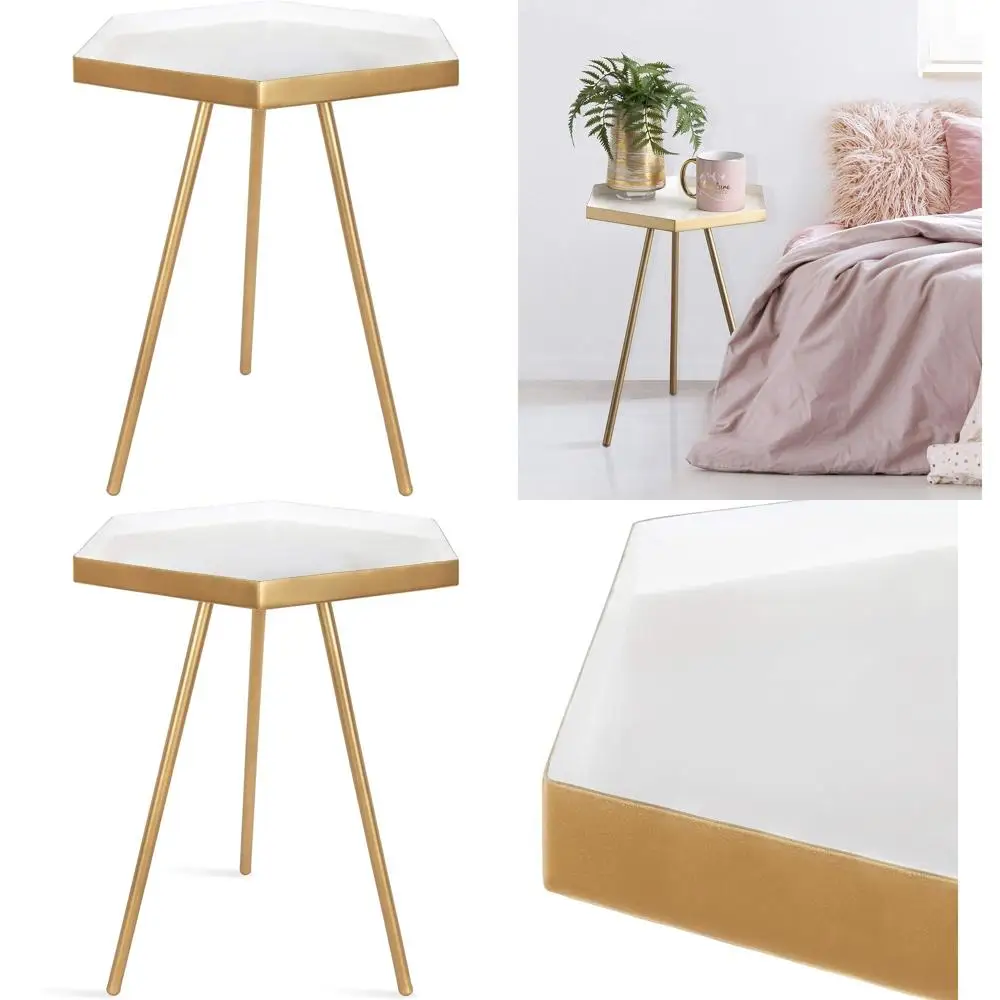

Modern Hexagon Side Table, 14 x 14 x 20, White & Gold, Contemporary Geometric Accent End Table