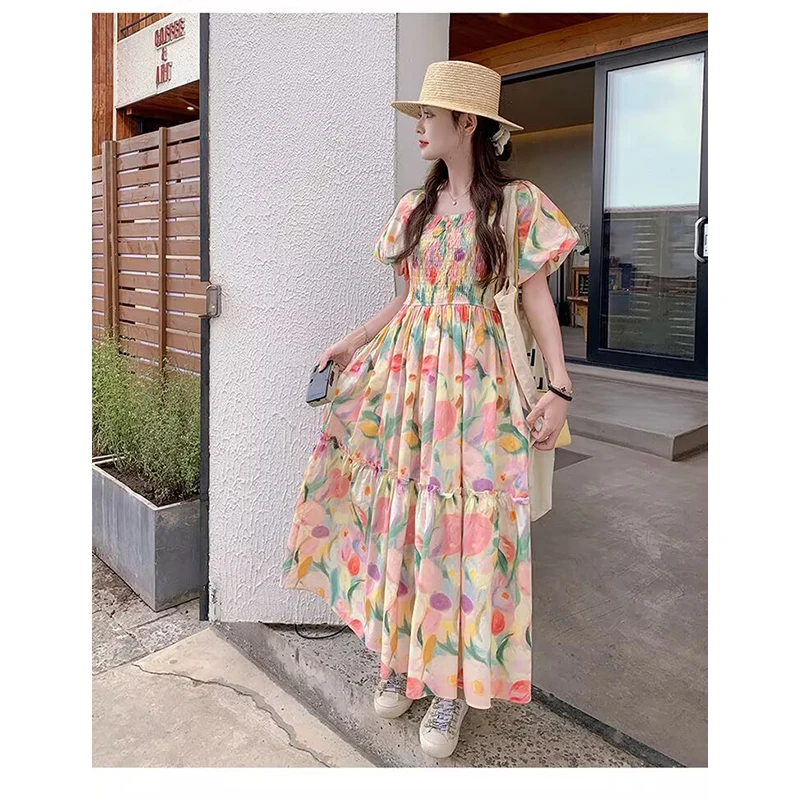 Vestido floral chique com estampa a-line feminino, um ombro, elegante, babados, feriado, roupa coreana, nova moda, C463