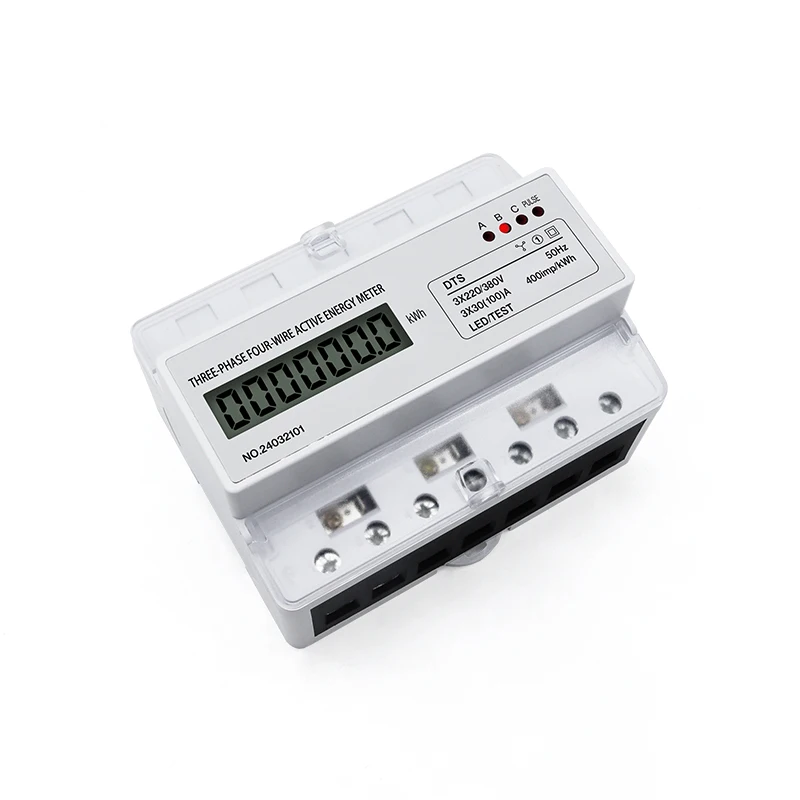 Three Phase Four Wire Din Rail Energy Meter 380V LCD Electronic Watt Power Meter Wattmeter kWh 100A AC LCD 7P 50Hz 3P4W DTS017