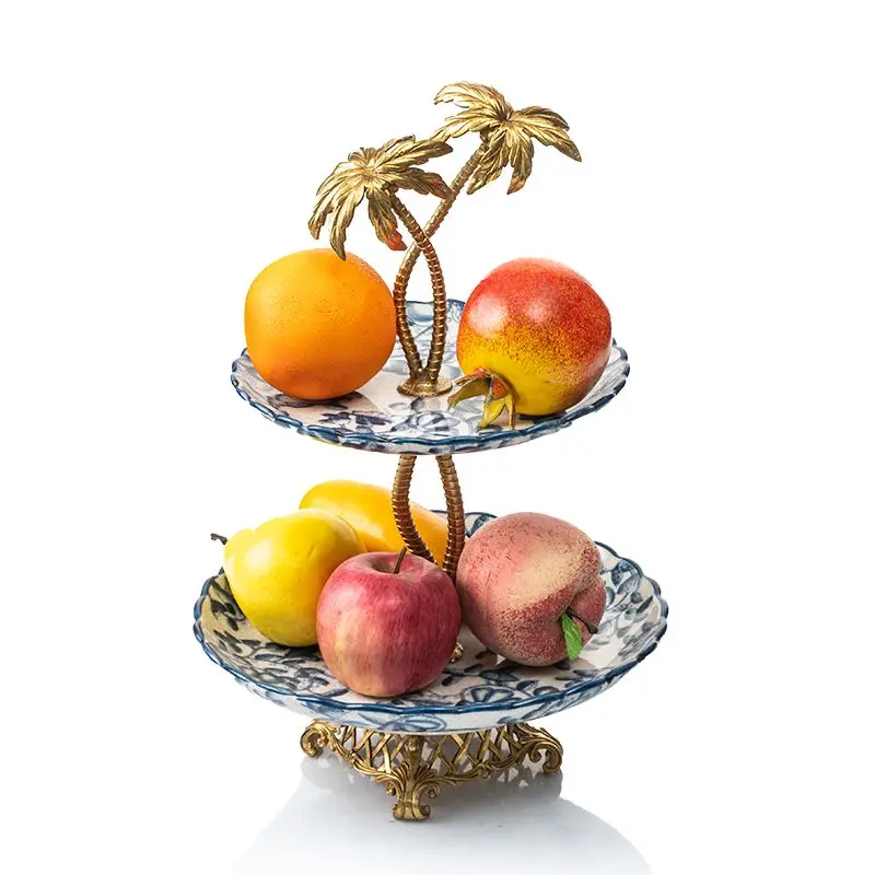 Ceramic inlaid copper grid snack plate, high-end living room handicraft double-layer fruit plate ornament