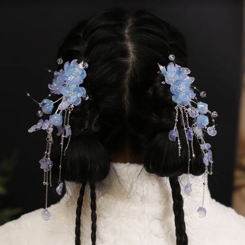 2PCS Vintage Flower Hairpin Chinese Style Hair Clip Tiaras Pearls Pendant Hairpin Fairy Floral Headpieces Women Hair Accessories