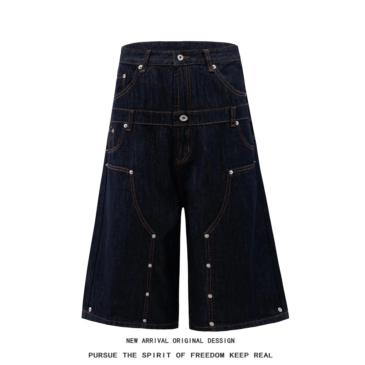 

Men's Summer Slim Fit Denim Shorts Double Waist Button Rivet A-Line Straight Leg Casual Jeans mid Waist Bootcut Workwear