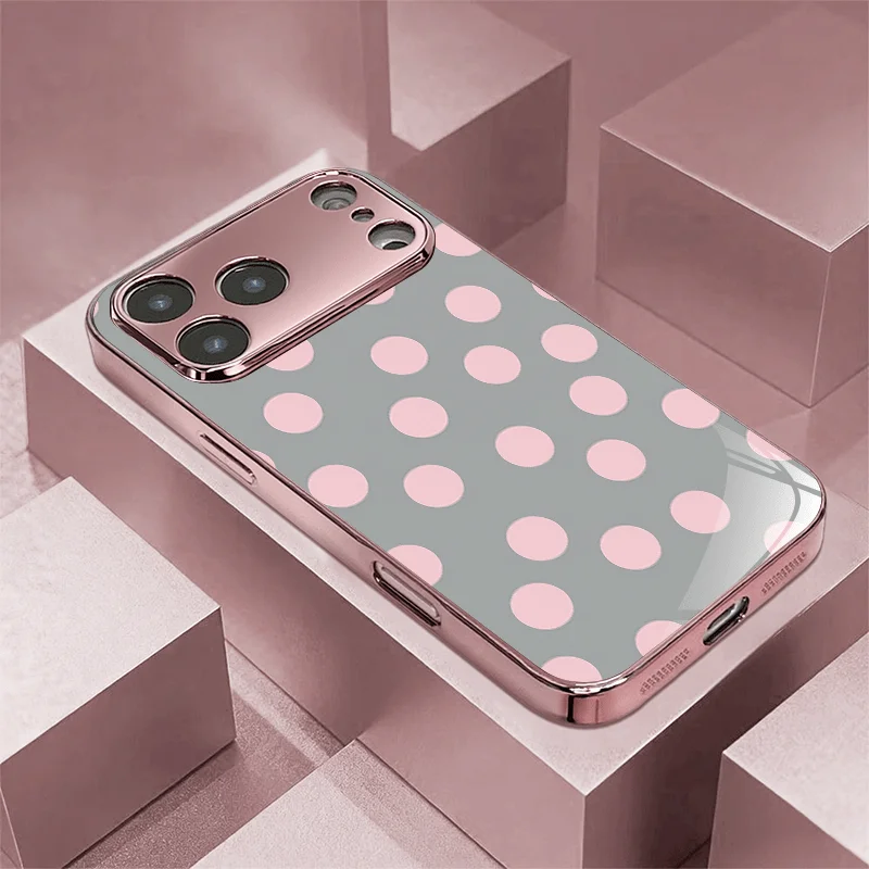 Powdered Dot Printed Electroplated Glass Phone Case, suitable for iPhone 18, 17, 17 Pro, 16, 15, 14, 14 Plus, 13, 12, 11, etc.