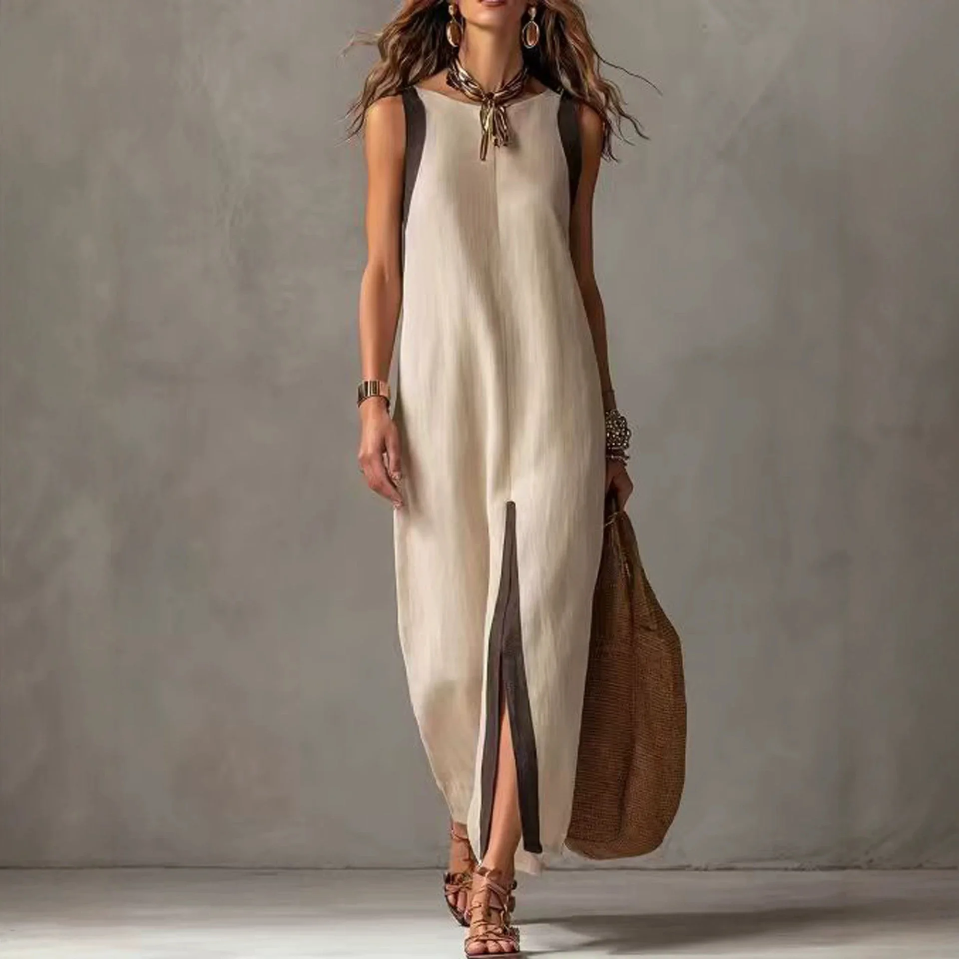 Summer Woman Dress Sleeveless Round Neck Mid Waist Dresses Boho Asymmetrical Hem Maxi Dress Front Slit Contrast Trim Casual