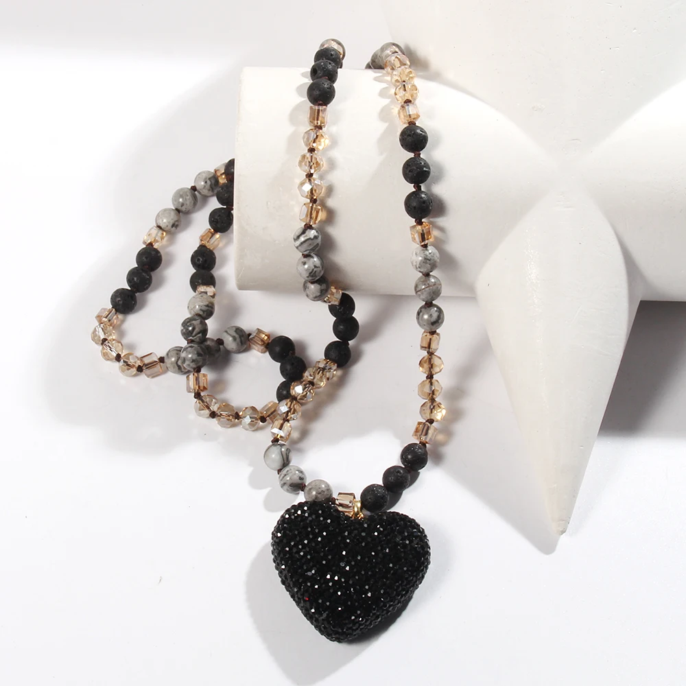 Fashion Bohemian Jewelry 8mm Stone/Glass Long Knotted Crystal Heart Pendant Necklace For Women Boho Gift
