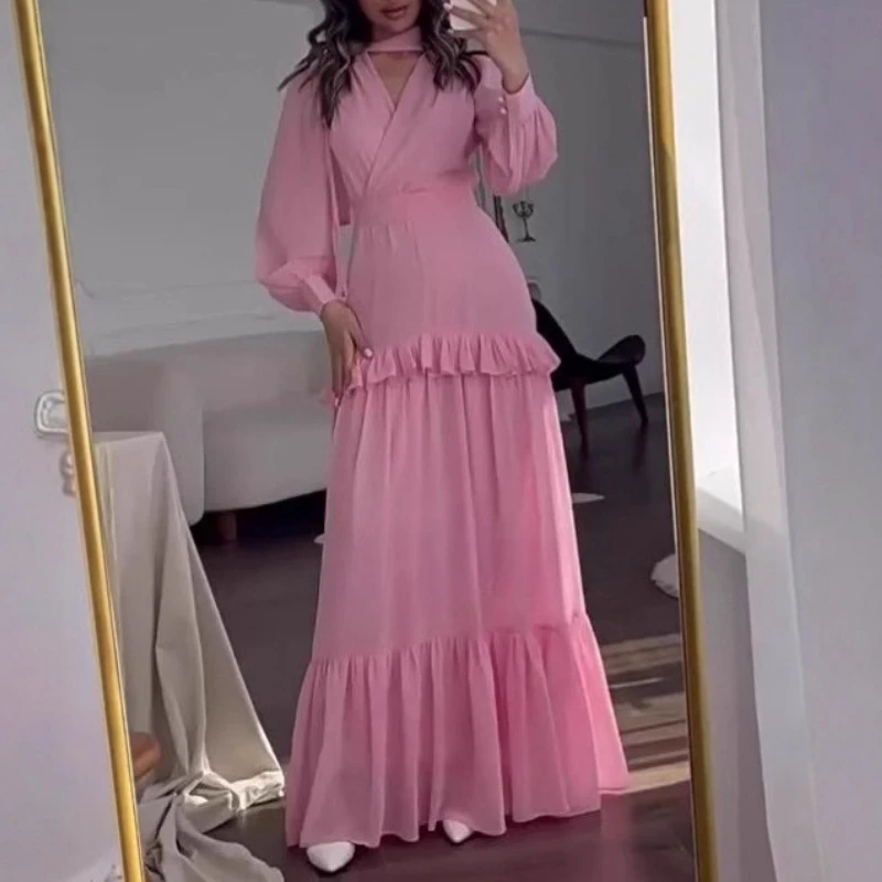 

Women Casual Long Sleeve Solid Long Dress Autumn Fashion Draped Pleat Party Dress Spring Elegant V-neck Patchwork Evening Dress